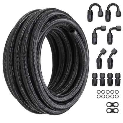 8AN Bränsleledningssats, 20 FT bränsleslangsats, 0,43" nylon, rostfritt stål flätad bränsleledningssats för olja/gas/diesel slangände, med 12-ST svängbar adaptersats, svart