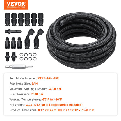 6AN bränsleledningssats, 25 FT bränsleslangsats, 5/16" nylon, rostfritt stål flätad PTFE bränsleledningssats, E85/olja/gas/diesel slangändkopplingssats, med 15 st svängbar adaptersats, svart