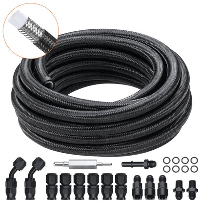 6AN bränsleledningssats, 25 FT bränsleslangsats, 5/16" nylon, rostfritt stål flätad PTFE bränsleledningssats, E85/olja/gas/diesel slangändkopplingssats, med 15 st svängbar adaptersats, svart