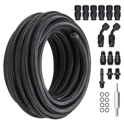 6AN bränsleledningssats, 25 FT bränsleslangsats, 5/16" nylon, rostfritt stål flätad PTFE bränsleledningssats, E85/olja/gas/diesel slangändkopplingssats, med 15 st svängbar adaptersats, svart