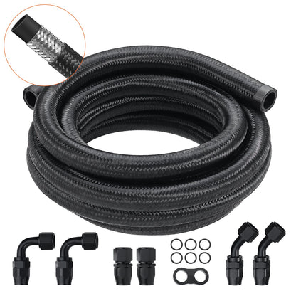 10AN Bränsleledningssats, 10 FT bränsleslangsats, 0,55" nylon, rostfritt stål flätad bränsleledningssats för olja/gas/diesel slangände, med 7-ST svängbar adaptersats, svart