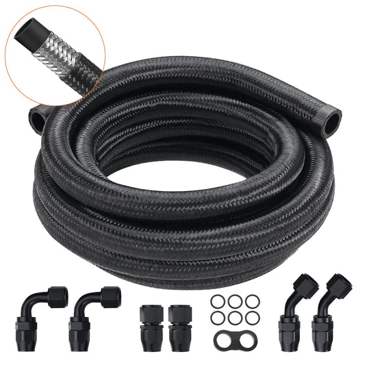 10AN Bränsleledningssats, 10 FT bränsleslangsats, 0,55" nylon, rostfritt stål flätad bränsleledningssats för olja/gas/diesel slangände, med 7-ST svängbar adaptersats, svart