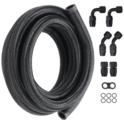 10AN Bränsleledningssats, 10 FT bränsleslangsats, 0,55" nylon, rostfritt stål flätad bränsleledningssats för olja/gas/diesel slangände, med 7-ST svängbar adaptersats, svart