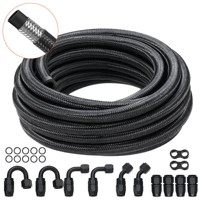 6AN Fuel Line Kit, 20 FT Fuel Hose Kit, 0.34 Inch Nylon, Stainless Steel Braided Fuel Line Kit for Oil/Gas/Diesel Hose End, with 12-ST Swivel Adapter Kit, Black