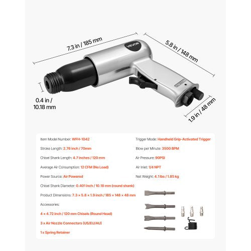 Lufthammare 3500 slag/min 12 CFM Pneumatisk hammare Lufthammarsats med 4 mejslar |  EU