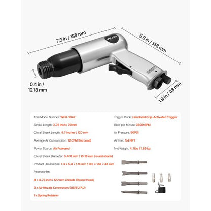 Lufthammare 3500 slag/min 12 CFM Pneumatisk hammare Lufthammarsats med 4 mejslar |  EU