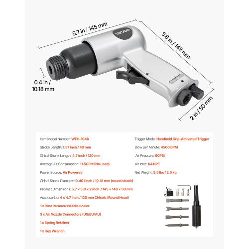 Lufthammare 4500 BPM Pneumatisk hammare med luftnålsrensare och 4 mejslar |  EU