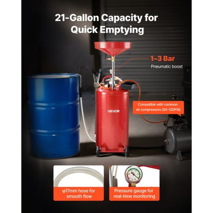 79,5L spilloljeavtappningstank, luftdriven bärbar oljetömningstank med justerbar tratthöjd, industriell vätskeavtappningstank med hjul, dränering för vätskeöverföring av bränsle för bilverkstäder, röd |  EU