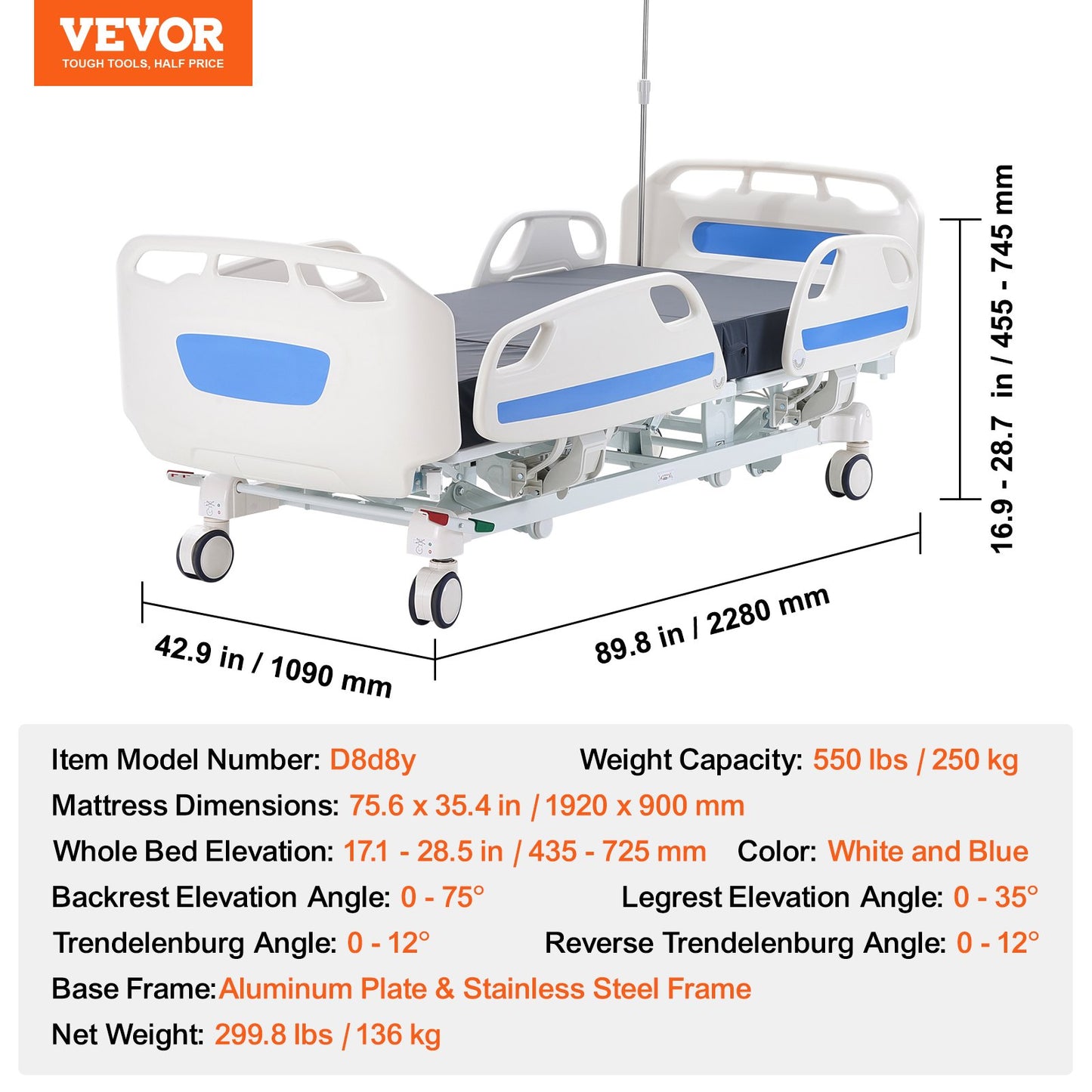 Premium 5-funktion Full elektrisk sjukhussäng ICU Medical Bed 550LBS Laster