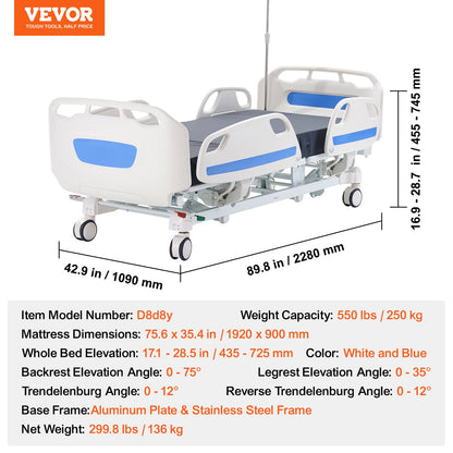 Premium 5-funktion Full elektrisk sjukhussäng ICU Medical Bed 550LBS Laster