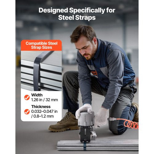 Pneumatisk stålbandningsmaskin, 8500 N spänningskraft, metallbandningsverktyg, spännare och skärförslutare för 32 mm breda metallband, kraftig delad balpress för höghållfasta förpackningar |  EU