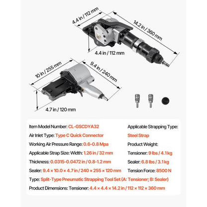 Pneumatisk stålbandningsmaskin, 8500 N spänningskraft, metallbandningsverktyg, spännare och skärförslutare för 32 mm breda metallband, kraftig delad balpress för höghållfasta förpackningar |  EU