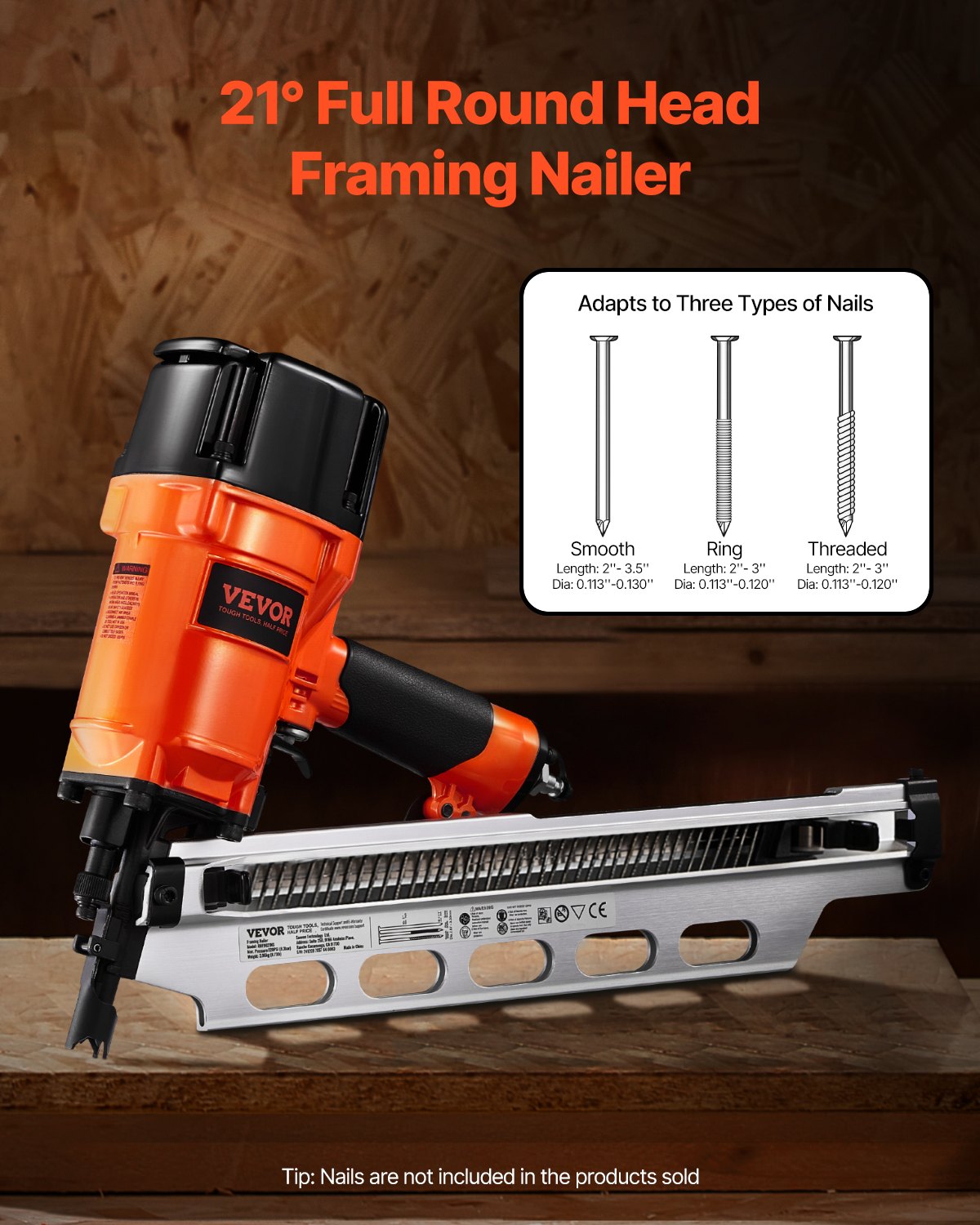 Framing nailer 50 to 90 mm 21° pneumatic nailer with fully round head