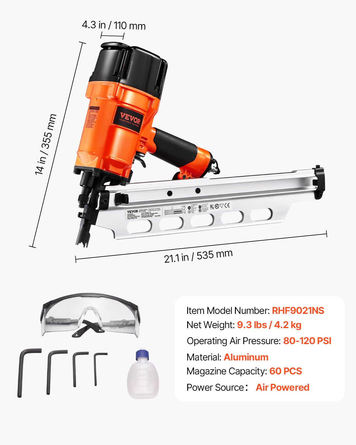 Framing nailer 50 to 90 mm 21° pneumatic nailer with fully round head