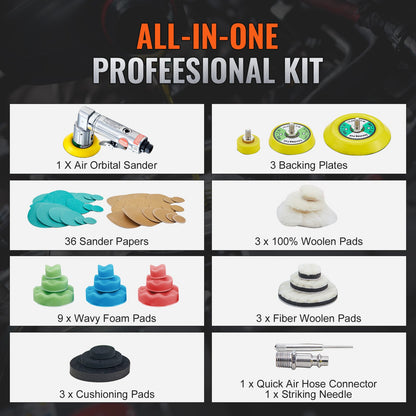Mini Air Sander, 1"/2"/3" Random Orbital Air Sander, 15000r/min High Speed Mini Pneumatic Sander Polishing Machine for Car Body Work, 58PCS Air Powered Sanding Kit with Wavy Sponges, Sandpaper, Wool Pad