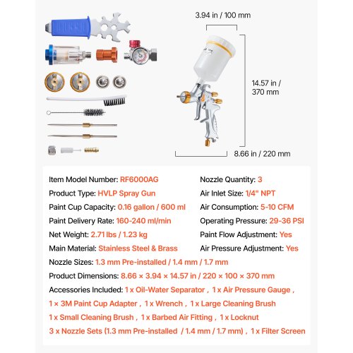 HVLP-luftsprutpistol, självtrycksmatad färgspruta med 3 munstycken (1,3/1,4/1,7 mm), 600 ml kapacitet för bilfärgspruta med luftregulator för bilprimers, klarlacker och täcklacker |  EU