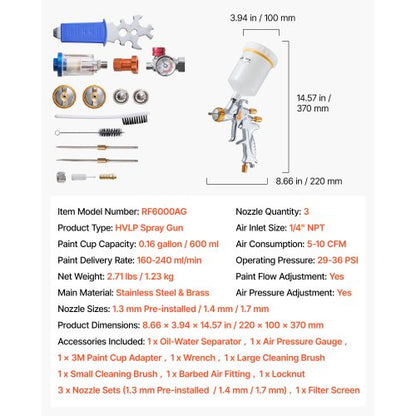 HVLP-luftsprutpistol, självtrycksmatad färgspruta med 3 munstycken (1,3/1,4/1,7 mm), 600 ml kapacitet för bilfärgspruta med luftregulator för bilprimers, klarlacker och täcklacker |  EU