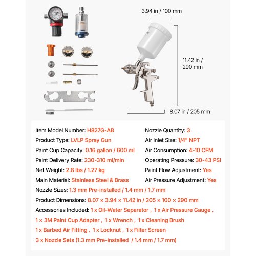 LVLP luftsprutpistol, självtrycksmatning med 3 munstycken (1,3/1,4/1,7 mm), 600 ml kapacitet för bilfärgspruta med luftregulator för möbler, billackering, heminredning |  EU
