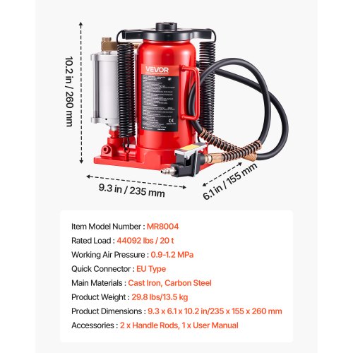 Lufthydraulischer Flaschenwagenheber, 20 Tonnen (44092 lb), Autoreparatur, Rot | EU