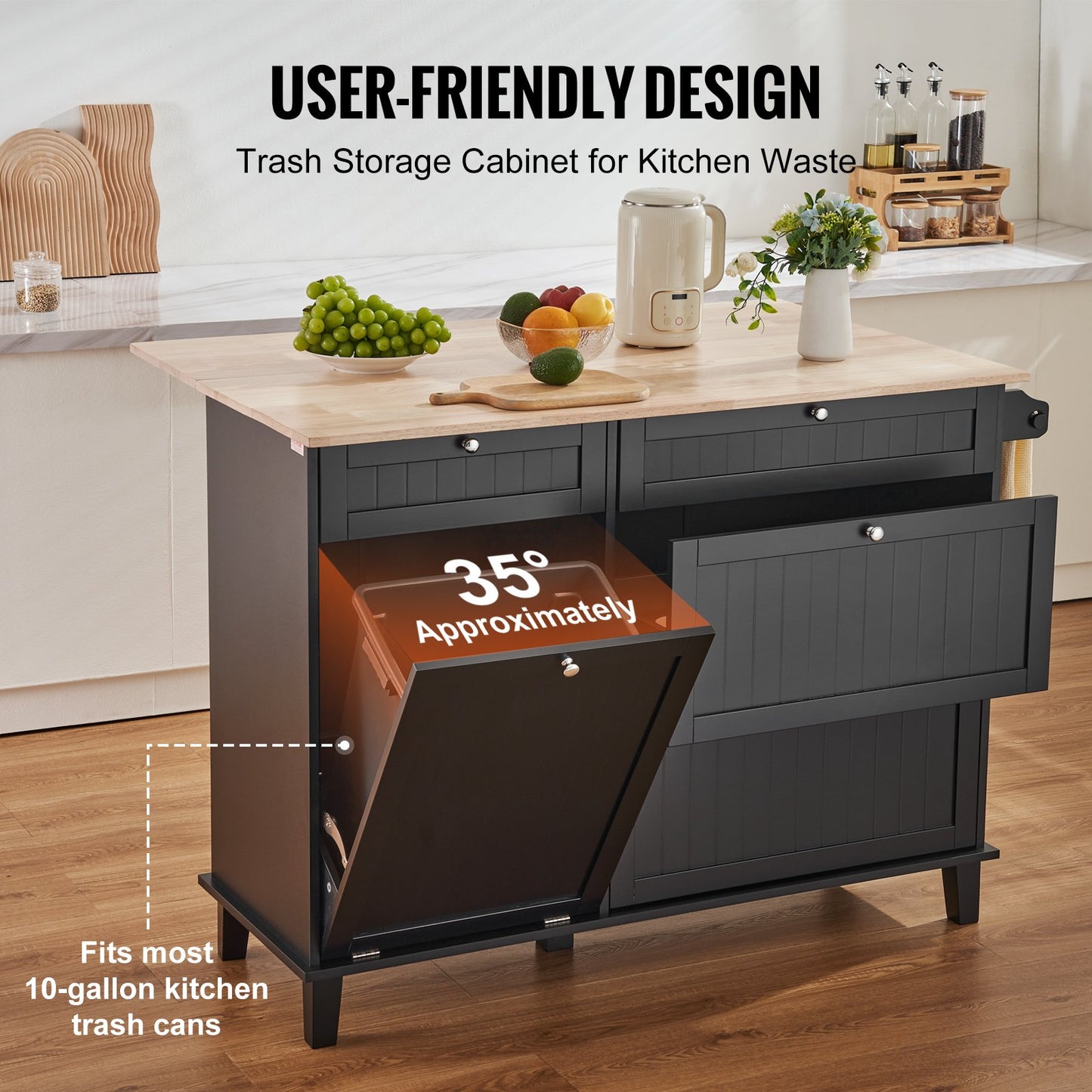 Kitchen Island Cart Storage Cabinet Serving with Drawer and Trash Cabinet
