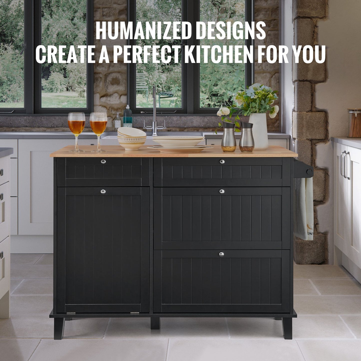 Kitchen Island Cart Storage Cabinet Serving with Drawer and Trash Cabinet