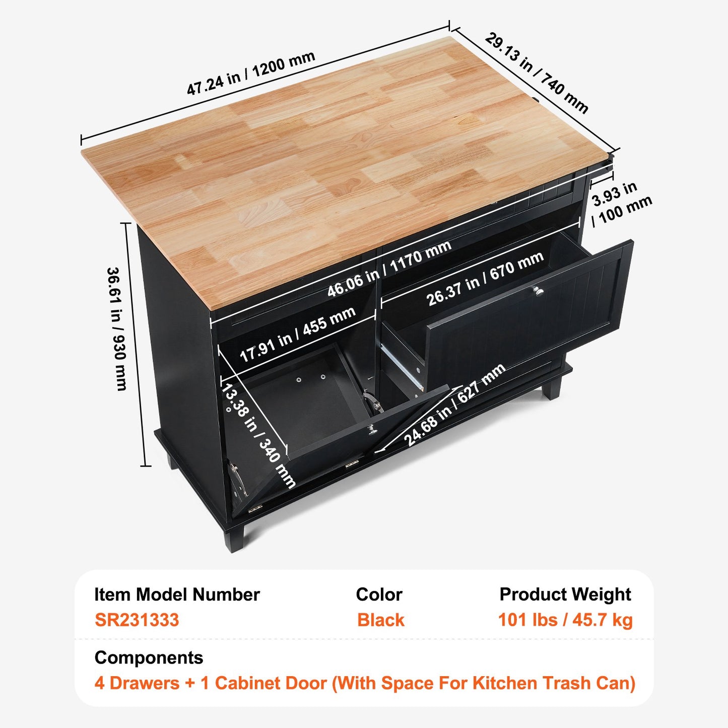 Kitchen Island Cart Storage Cabinet Serving with Drawer and Trash Cabinet