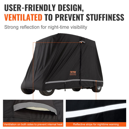 4 Passenger Golf Cart Cover, 600D polyester heltäckande, Universal Passar för de flesta märken Club Car Covers, Vattentät, Soltät och Dammtät Utomhus Golf Cart Cover med tre dragkedjor, svart
