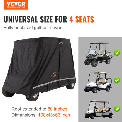 Golfwagen-Abdeckung für 4 Passagiere, 600D Polyester, vollständige Abdeckung, universell passend für die meisten Marken von Clubwagen-Abdeckungen, wasserdicht, sonnen- und staubdicht, für den Außenbereich, mit drei Reißverschlüssen, schwarz