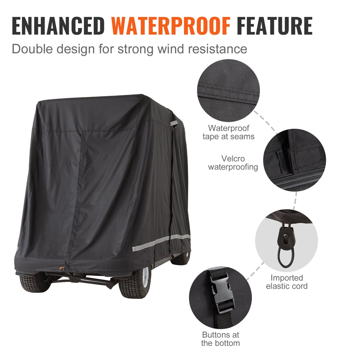 Golfwagen-Abdeckung für 4 Passagiere, 600D Polyester, vollständige Abdeckung, universell passend für die meisten Marken von Clubwagen-Abdeckungen, wasserdicht, sonnen- und staubdicht, für den Außenbereich, mit drei Reißverschlüssen, schwarz