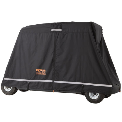 Golfwagen-Abdeckung für 4 Passagiere, 600D Polyester, vollständige Abdeckung, universell passend für die meisten Marken von Clubwagen-Abdeckungen, wasserdicht, sonnen- und staubdicht, für den Außenbereich, mit drei Reißverschlüssen, schwarz