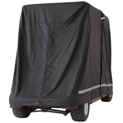 Golfwagen-Abdeckung für 4 Passagiere, 600D Polyester, vollständige Abdeckung, universell passend für die meisten Marken von Clubwagen-Abdeckungen, wasserdicht, sonnen- und staubdicht, für den Außenbereich, mit drei Reißverschlüssen, schwarz