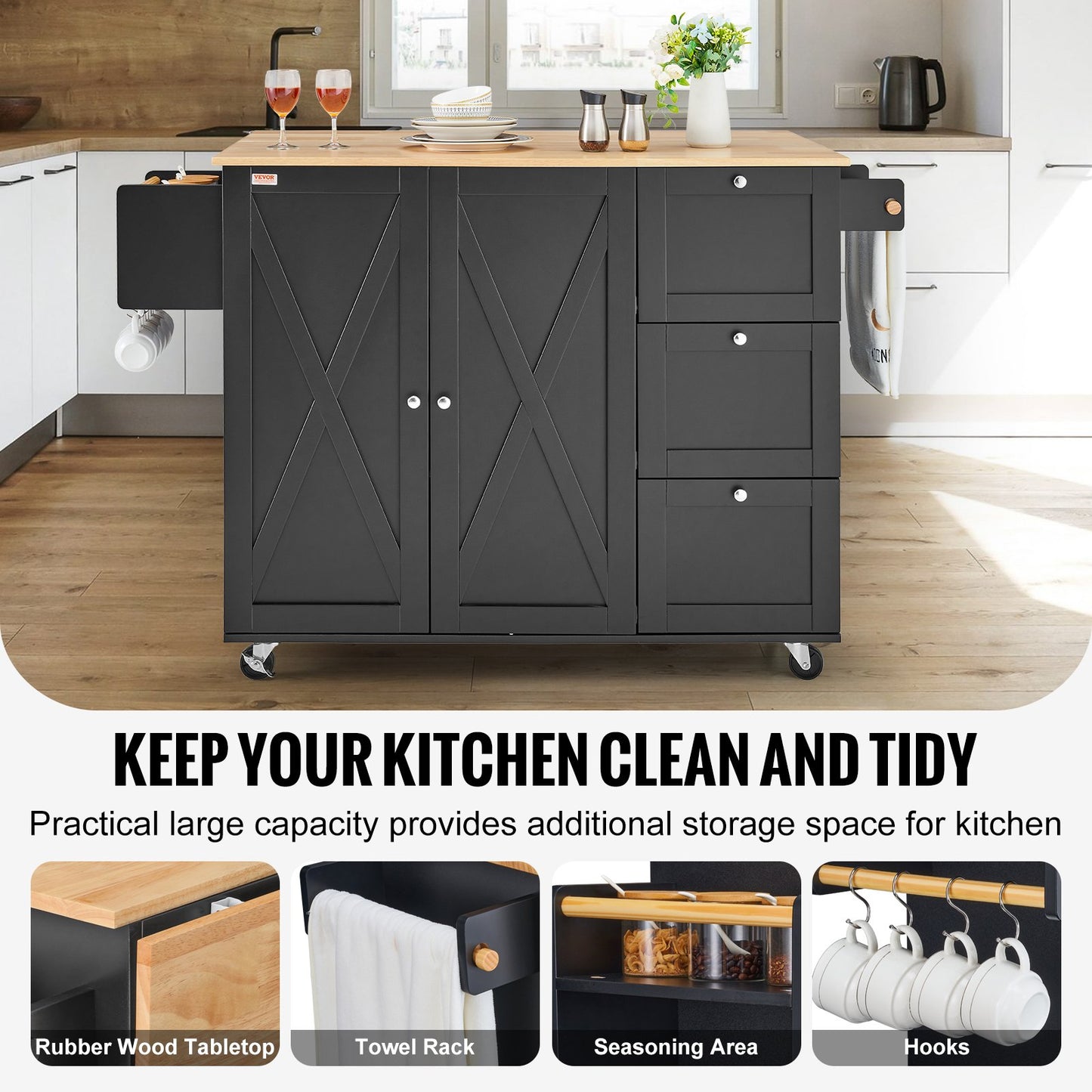 Kitchen Island Cart Rolling Storage Cabinet on Wheels with Drawer and Shelves