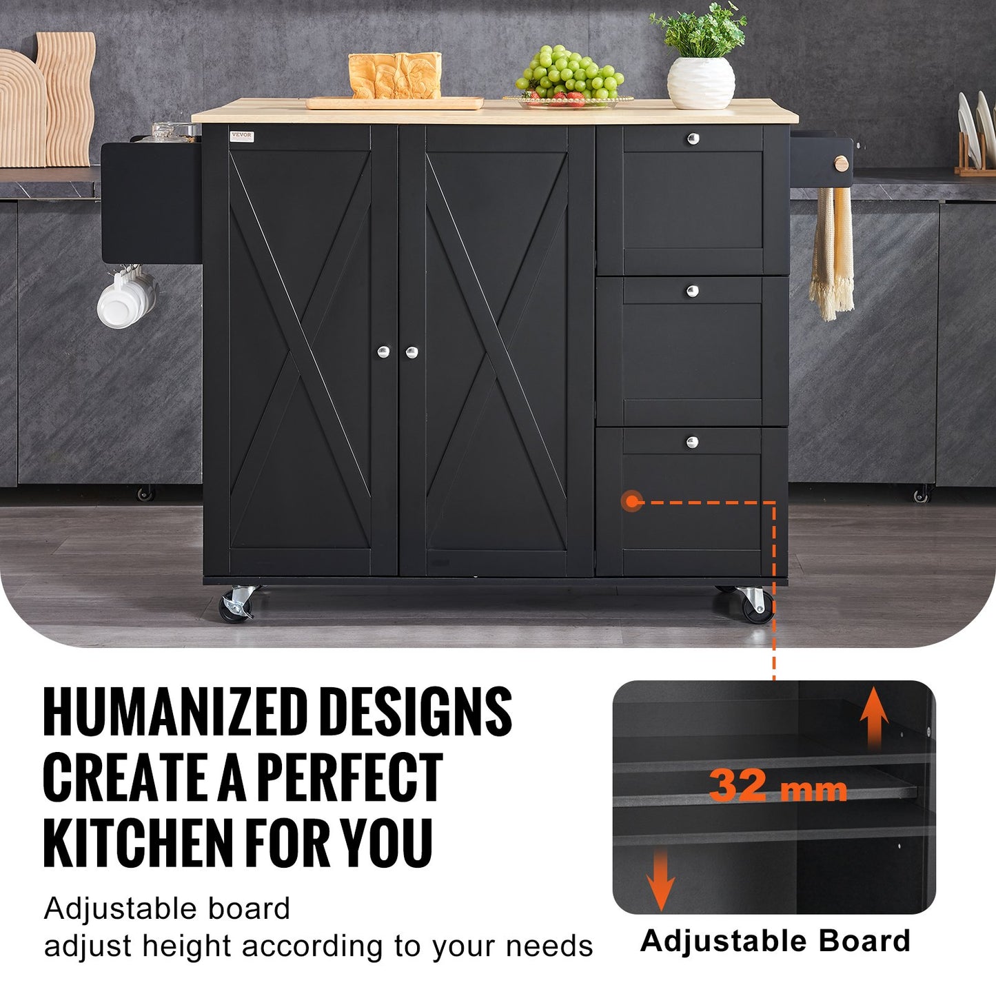 Kitchen Island Cart Rolling Storage Cabinet on Wheels with Drawer and Shelves
