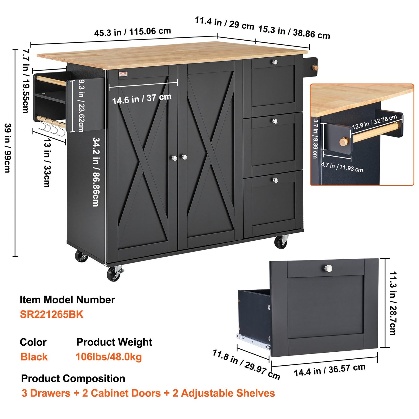 Kitchen Island Cart Rolling Storage Cabinet on Wheels with Drawer and Shelves