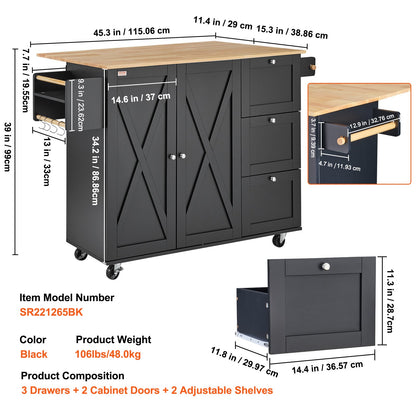 Kitchen Island Cart Rolling Storage Cabinet on Wheels with Drawer and Shelves