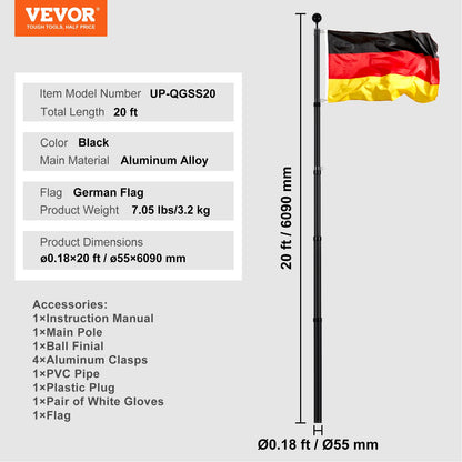 20FT Telescopic Flagpole Kit Heavy Duty Aluminum Flagpole German Black