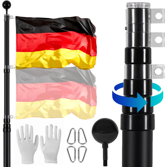 20FT Telescopic Flagpole Kit Heavy Duty Aluminum Flagpole German Black
