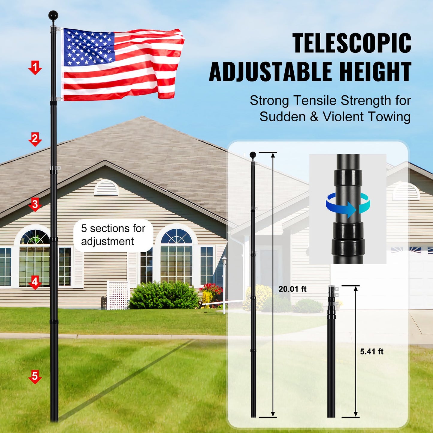 20FT Teleskop-Fahnenmast-Kit Hochleistungs-Aluminium-Fahnenmast Schwarz