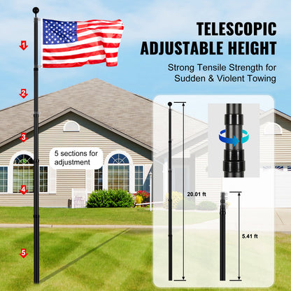 20FT Teleskop-Fahnenmast-Kit Hochleistungs-Aluminium-Fahnenmast Schwarz