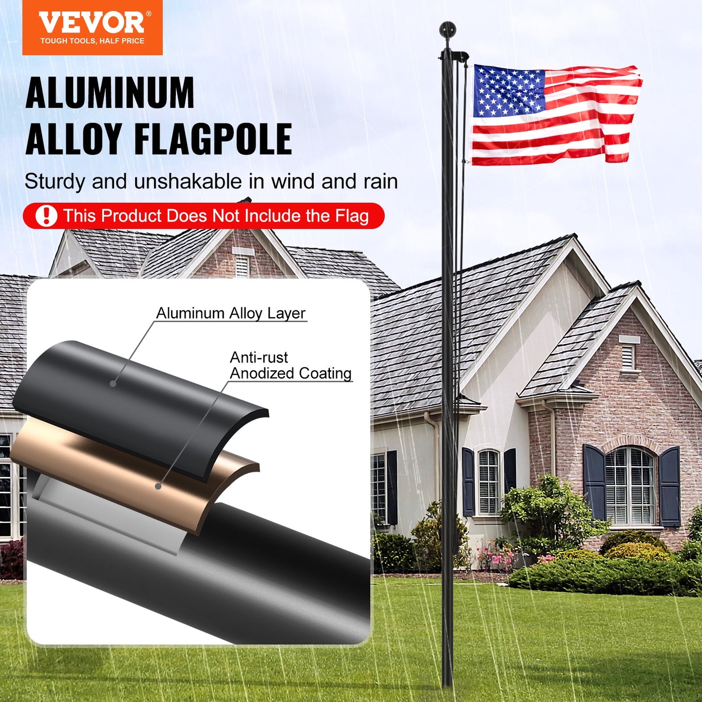 20FT Detachable Flagpole Kit Heavy Duty Aluminum Flagpole Black