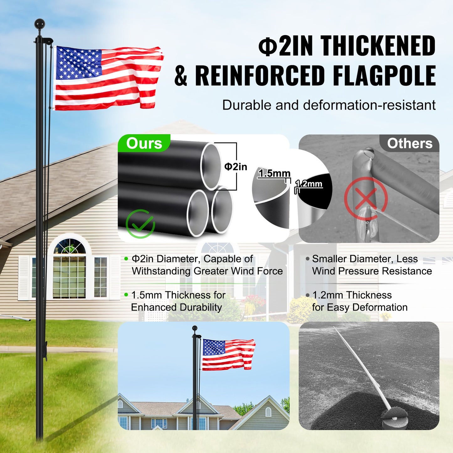 20FT Detachable Flagpole Kit Heavy Duty Aluminum Flagpole Black