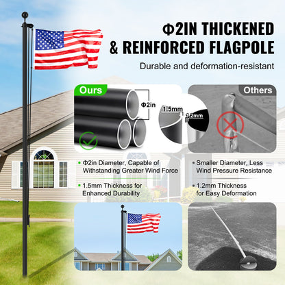 20FT Detachable Flagpole Kit Heavy Duty Aluminum Flagpole Black