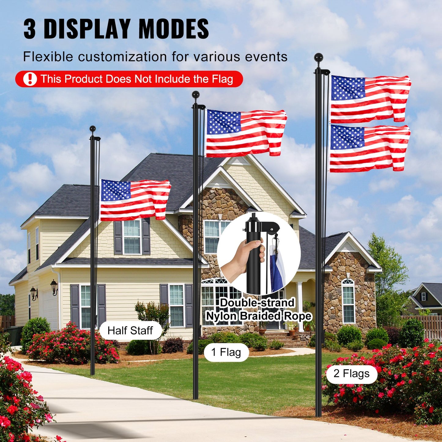 20FT Detachable Flagpole Kit Heavy Duty Aluminum Flagpole Black