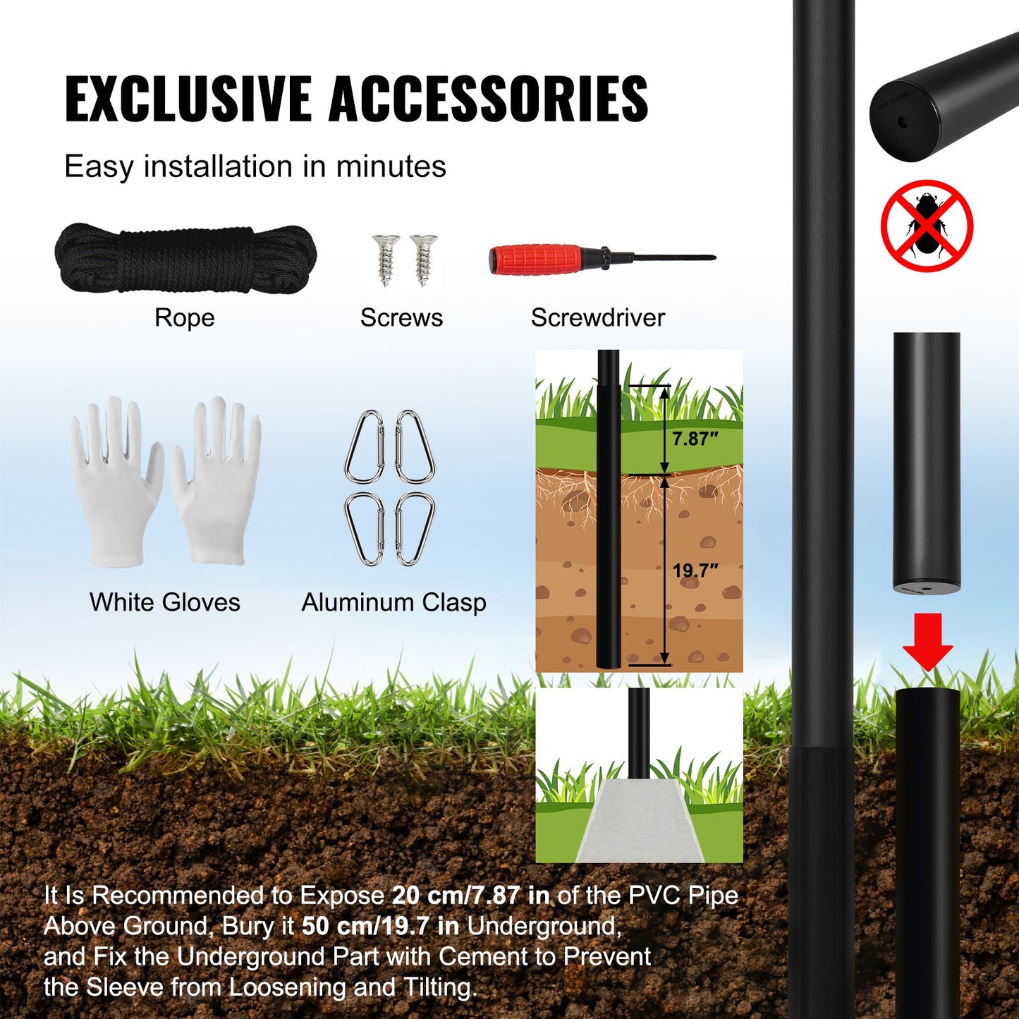 20FT Detachable Flagpole Kit Heavy Duty Aluminum Flagpole Black