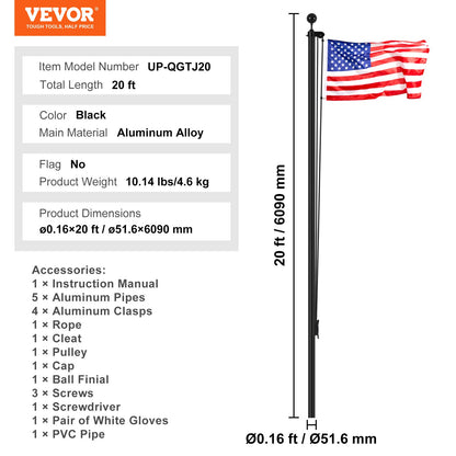 20FT Detachable Flagpole Kit Heavy Duty Aluminum Flagpole Black