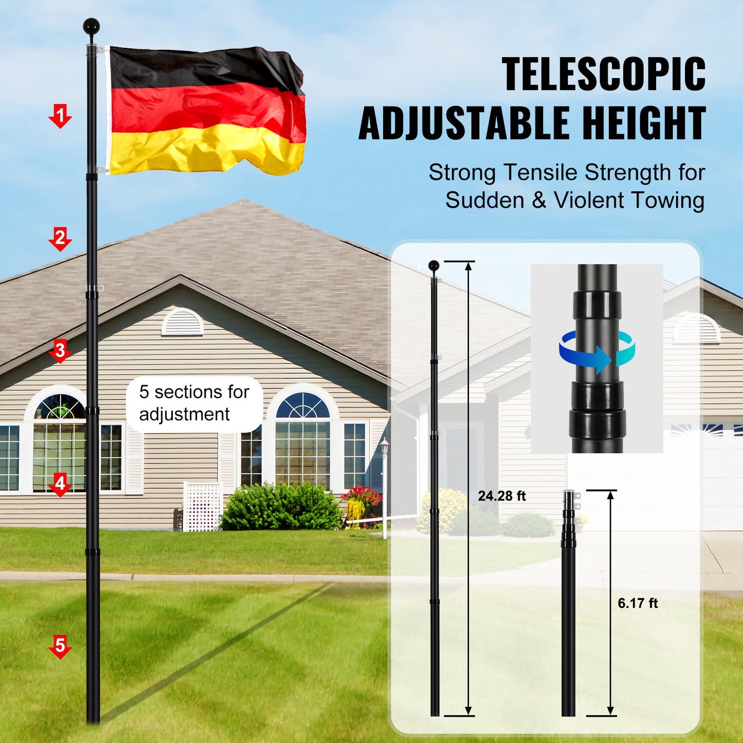 25FT teleskopisk flaggstångssats Heavy Duty flaggstång i aluminium tysk svart