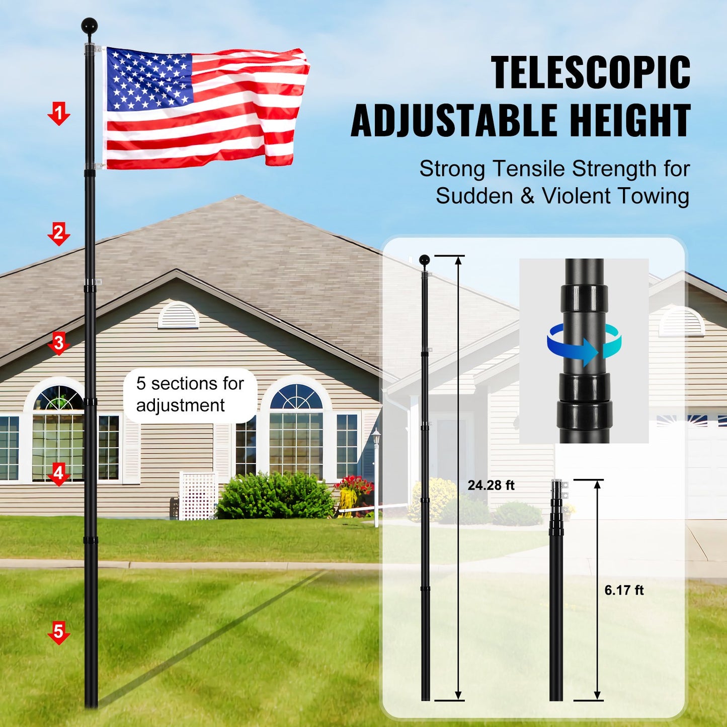 25FT teleskopisk flaggstångssats Heavy Duty flaggstång i aluminium Svart