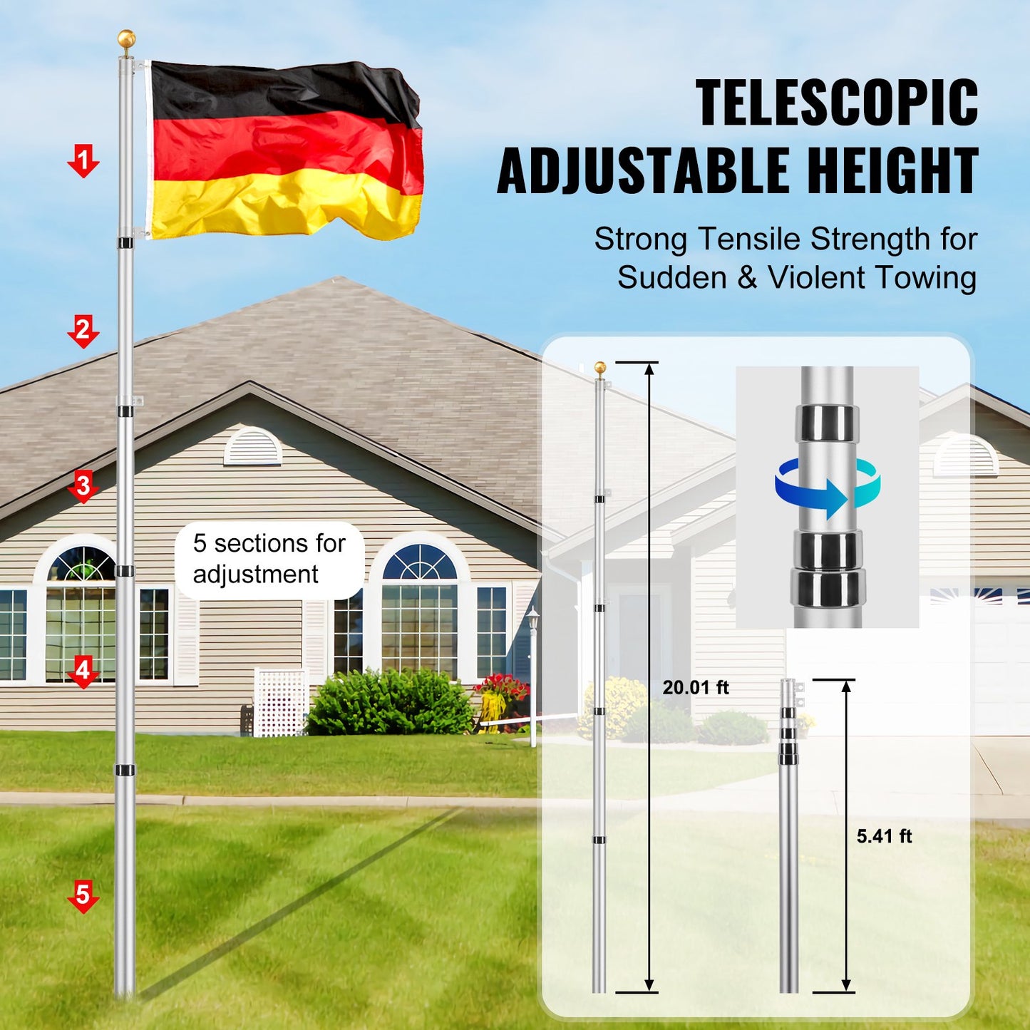 20FT teleskopisk flaggstångssats Heavy Duty flaggstång i aluminium tyskt silver