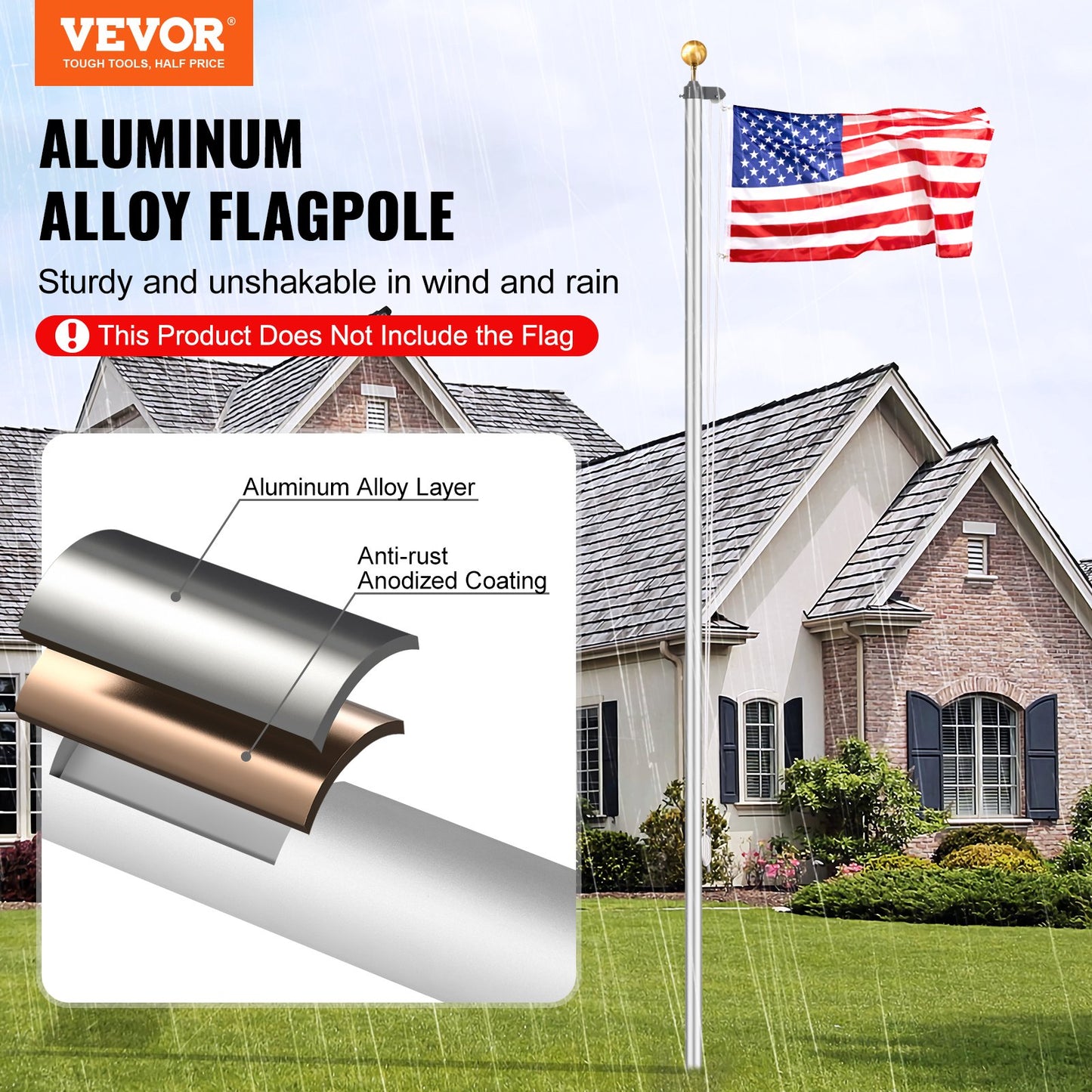 20FT Detachable Flagpole Kit Heavy Duty Aluminum Flagpole Silver