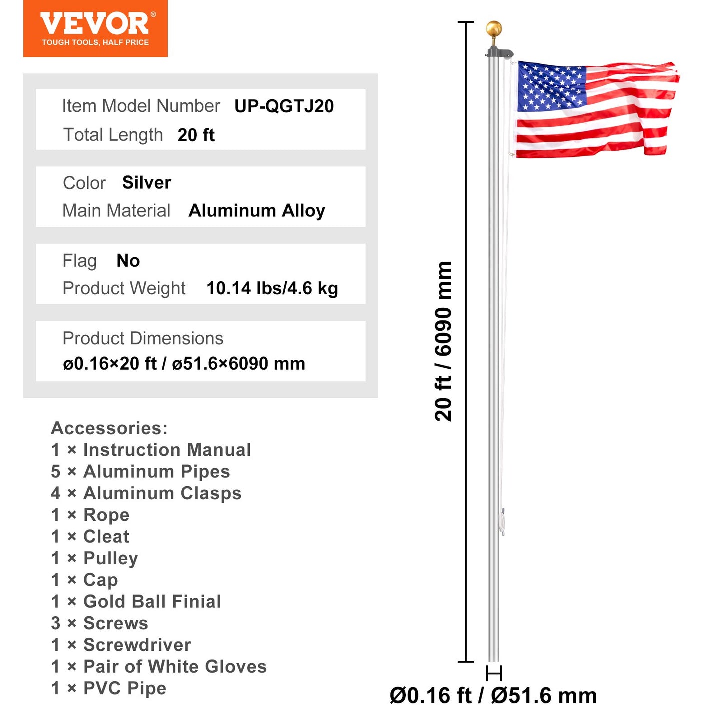 20FT Detachable Flagpole Kit Heavy Duty Aluminum Flagpole Silver